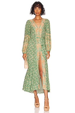 SPELL Madame Peacock Button Through Gown in Emerald | REVOLVE