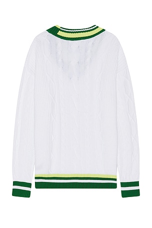 Scotch & Soda V Neck Dropped Shoulder Cable Knit Sweater in White