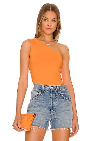 Susana Monaco One Shoulder Ruched Top in electric orange REVOLVE