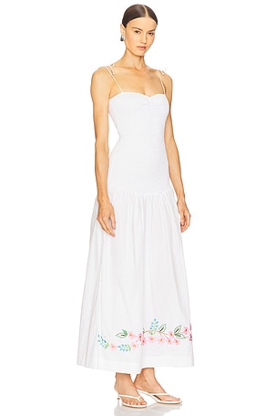 SWF Shirred Embroidered Drop Hem Maxi Dress in White. Size XS. Also