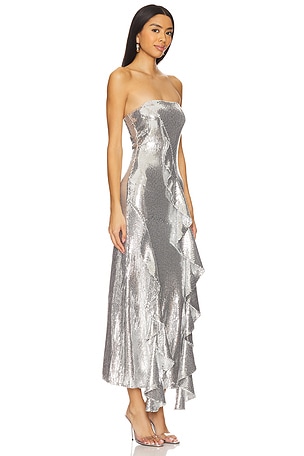 ROTATE Sequin Maxi Ruffle Dress in Metallic Silver