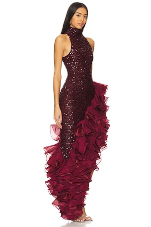 ROTATE Sequins Midi Ruffle Dress in Burgundy