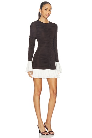 ROTATE Mini Ruched Long Sleeve Dress in Brown
