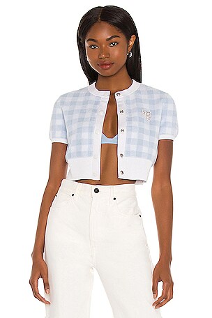 Alexander Wang Towel Cropped Gingham Cardigan Top in Oxford Blue