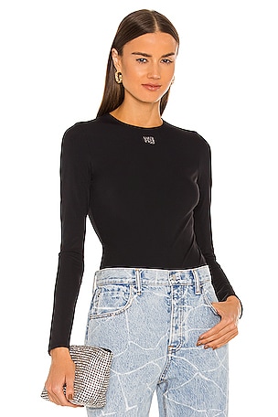 Alexander Wang トップス Alexander Wang Long Sleeve Bodysuit with Crystal Logo in