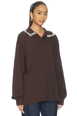 Tanner Fletcher Cletus Lace Trim Polo Top in Brown. Size XS. Also