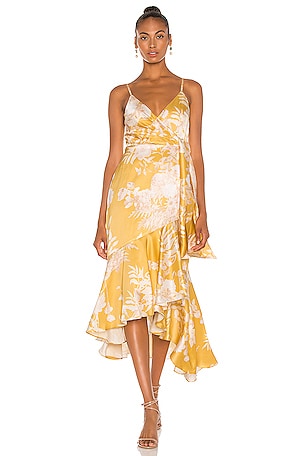 THURLEY Sarita Wrap Dress in Sonet Print Golden | REVOLVE