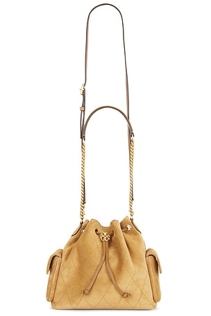 Charlie Quilted Suede Drawstring Shoulder Bag Tory Burch