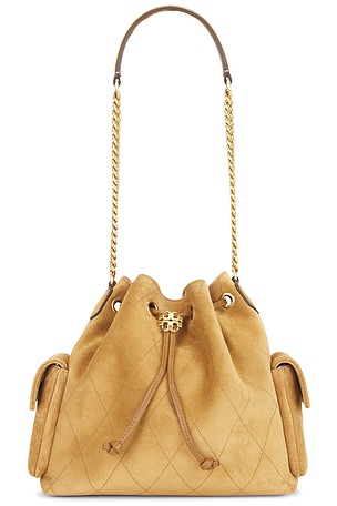 Tory Burch Charlie Quilted Suede Drawstring Shoulder Bag in Tan