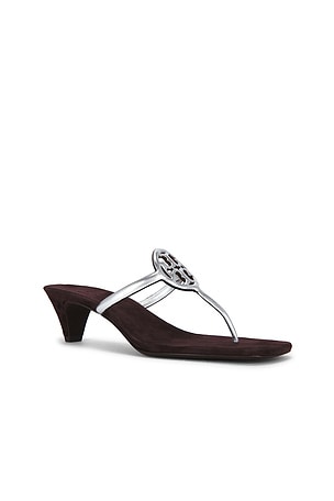 Tory Burch Milller Square Toe Sandal in Metallic Silver,Chocolate. Size 9. Also