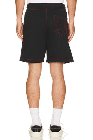 True Religion Buddha Face Big T Fleece Shorts in Black