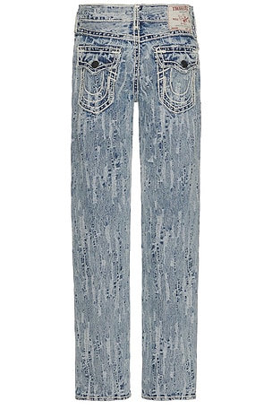 True Religion Distressed Jacquard Ricky Rope Stitch Flap Jeans in Blue. Size 32. Also