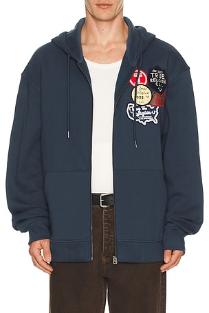 True Religion Patch Vintage Zip Up Hoodie in Navy. Size XL/1X. Also