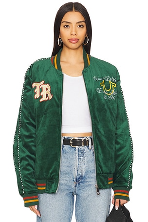 True Religion Western Velvet Bomber Jacket in Green