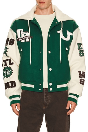 True Religion Retro Wool Varsity Jacket in Green,White