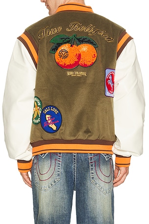 True Religion Garden Logo Retro Varsity Jacket in Olive