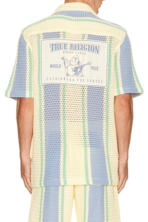 True Religion Short Sleeve Knit Stripe Shirt in Winter White & Blue Bell