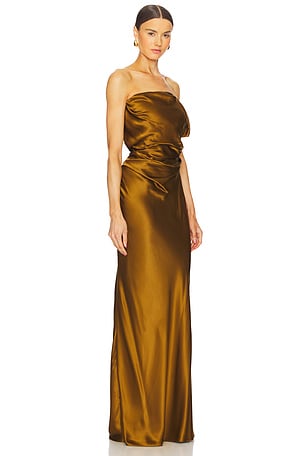 The Sei Strapless Gown With Arm Drape in Rust