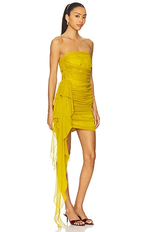 The Sei Strapless Mini Dress With Ruffle in Mustard