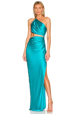 the sei one shoulder cut out dress One-shoulder cutout silk gown in black - The Sei