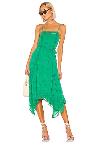 tularosa green dress Women's Midi Wrap Dress in Dark Green with Short Puff Sleeves main image 1