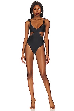 Black Textured Belly Cutout Brazilian One-Piece Swimsuit Dots-Black Ivy  Strap - Brand Rio de Sol