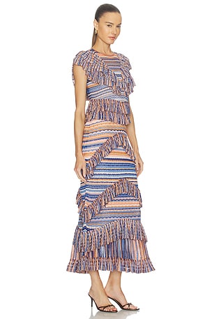 Ulla Johnson Raina Ruffle Knit Dress in Blue,Orange