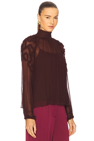 Ulla Johnson Magdalena Long Sleeve Blouse in Burgundy. Size 8. Also