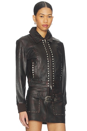 Understated Leather Studded Jacket in Chocolate