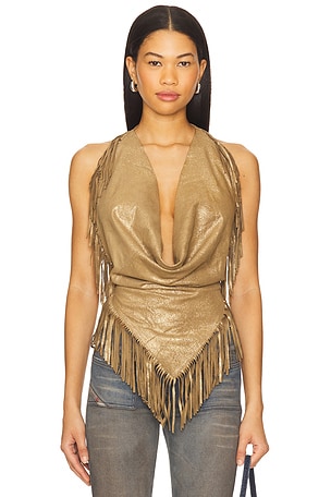 Understated Leather Shimmery Fringe Halter Top in Brown