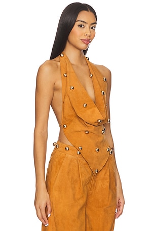 Understated Leather Dome Studded Halter Top in Brown