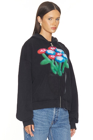 VANDYTHEPINK Spray Flower Zip Up Hoodie in Black. Size S. Also