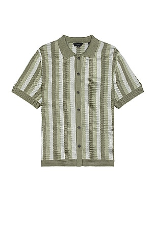 Crochet Stripe Short Sleeve Button Down Shirt Vince