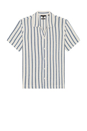 Vince Beach Stripe Knit Button Down Shirt in Cabo Blue Combo