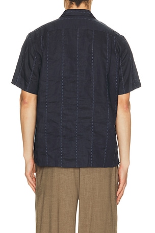 Vince Linen Eyelet Stripe Short Sleeve Cabana Shirt in Navy