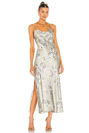 vince floral silk dress Floral Ruched Waist Satin Gown (Women)