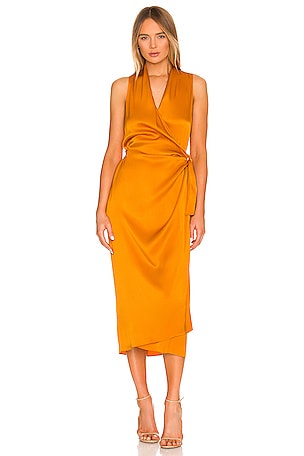Vince Draped Wrap Midi Dress in Burnt Orange | REVOLVE