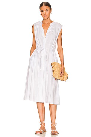 Vince Shirred Band Collar Dress in Optic White | REVOLVE