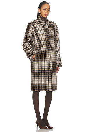 Vince Plaid Car Coat With Faux Leather Trim in Cream