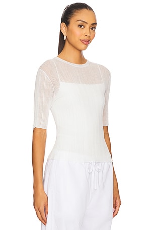 Vince Double Layer Rib Elbow Sleeve Top in White