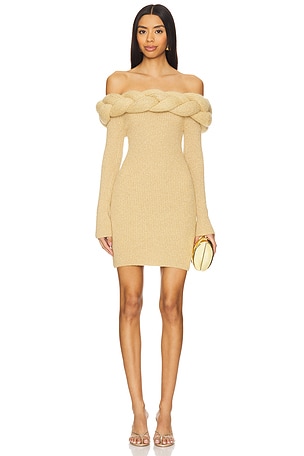 Vaillant Oversized Braid Knitted Mini Dress in Metallic Gold