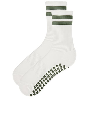 WellBeing + BeingWell Striped Tube Grip Sock in White,Olive