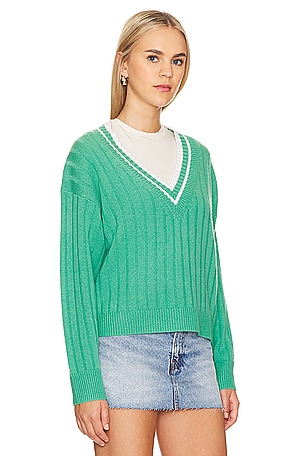 White + Warren Cashmere Varsity V-neck Sweater in Green