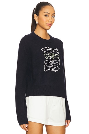 White + Warren Cashmere Sardine Embroidered Crew Sweater in Navy