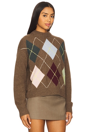 White & Warren Cashmere Argyle Crew Sweater in Brown