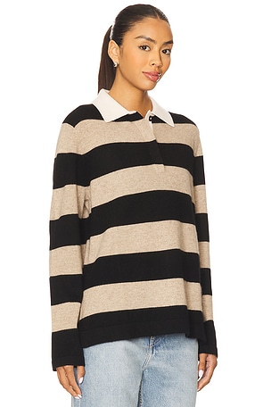 White & Warren Cashmere Rugby Stripe Polo in Black,Taupe