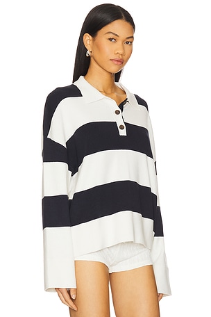 White + Warren Rugby Polo Top in White,Navy