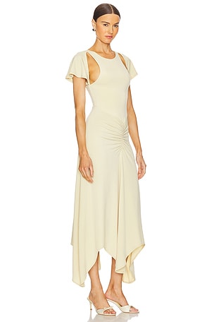 WeWoreWhat Ruched Asymmetric Midi Dress in Beige