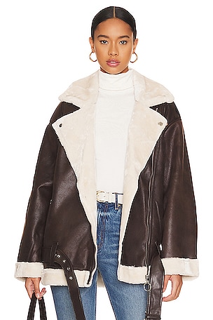 Helsa 80s Oversized Faux Shearling Jacket in Black