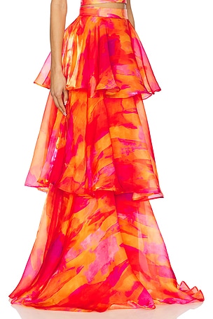 YAURA Faari Aquarelle Orange Skirt in Red,Orange
